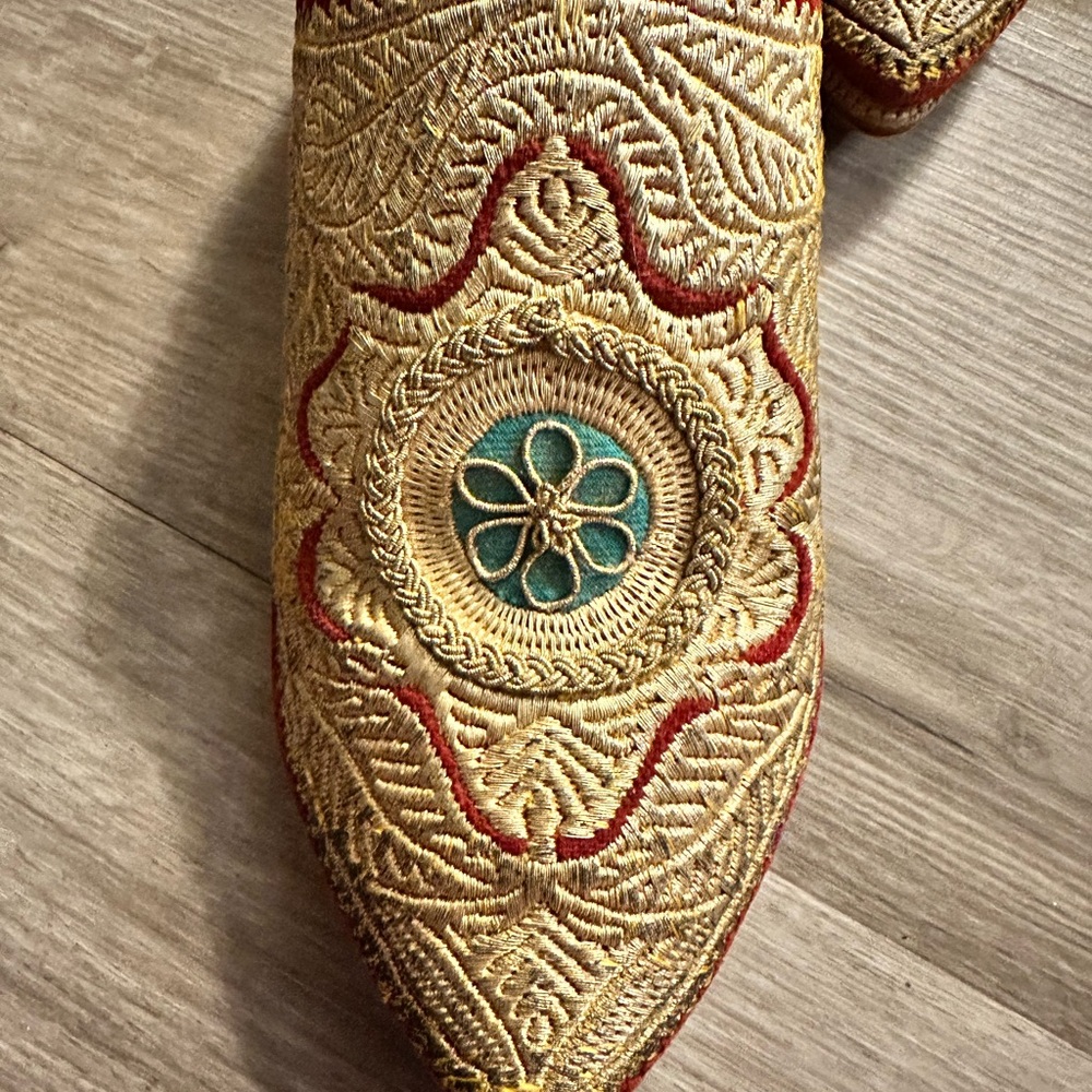 Antique Red Moroccan Embroidered Leather and Velvet Slippers Shoes Circa 1900s